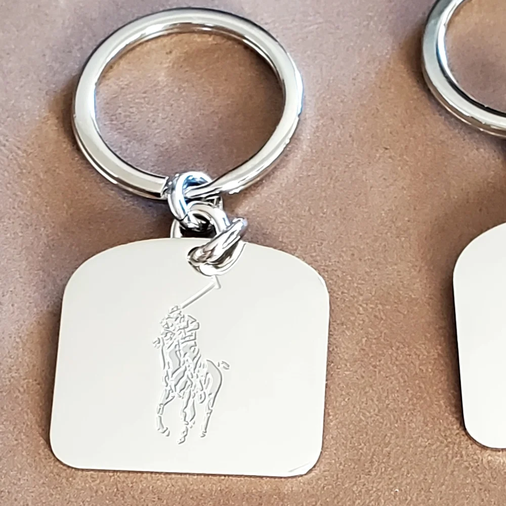 Polo Ralph Lauren Set of 2 Silver Tone Metal Engraved Logo Key Chains, NWOT